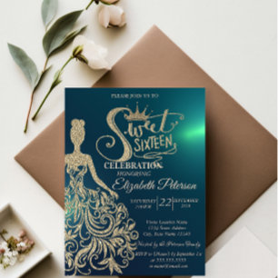 Gold Glitter Kleid, Tiara, Diamanten Grün Sweet 16 Einladung