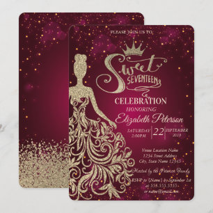Gold Glitter Kleid, Tiara, Diamanten Sweet 17 Einladung