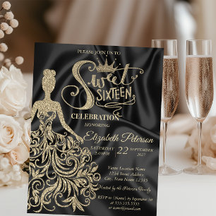 Gold Glitter Kleid, Tiara schwarzer Satin Sweet 16 Einladung