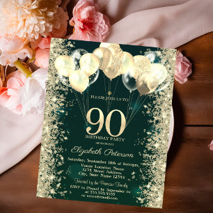 Gold Glitter Konfetti Ballons Grün 90. Geburtstag Einladung