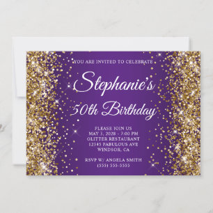 Gold Glitter Königlich Lila Monogramm 50. Geburtst Einladung