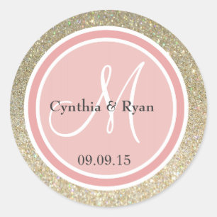 Gold Glitter & Korallenrosa Hochzeitsmonogramm Runder Aufkleber