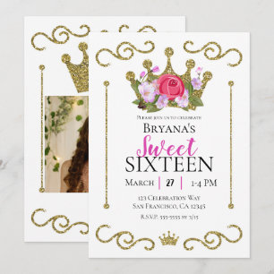 Gold Glitter Krone Floral Foto Sweet 16 Party Einladung