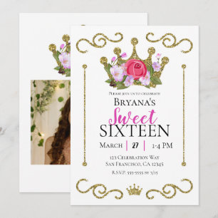 Gold Glitter Krone Floral Foto Sweet 16 Party Einladung