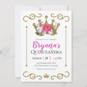 Gold Glitter Krone Florale Foto Quinceañera-Party Einladung