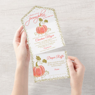 Gold Glitter Kürbis-Baby-Shower-Windel-Raffle All In One Einladung