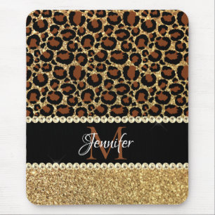 Gold Glitter Leopard Girly Glam Monogramm Mousepad