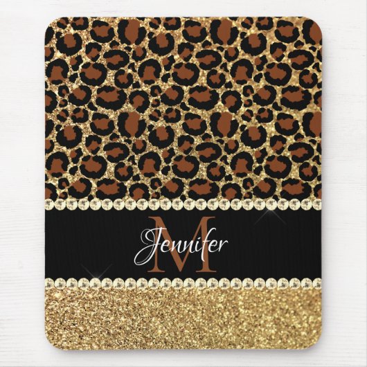 Gold Glitter Leopard Girly Glam Monogramm Mousepad (Vorne)