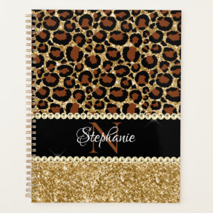 Gold Glitter Leopard Girly Glam Monogramm Planer
