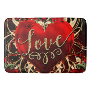 Gold Glitter Liebe Herz & Rote Rosen Romantisch Badematte