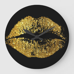 Gold Glitter Lips Große Wanduhr