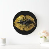 Gold Glitter Lips Große Wanduhr (Zuhause)