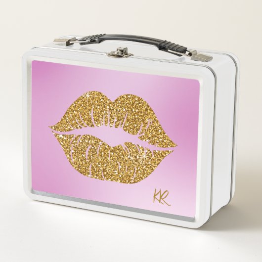 Gold Glitter Lips Sparkle Pink BG Initials Metall Brotdose (Vorderseite)