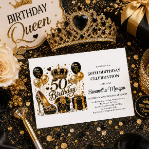 Gold Glitter Luxe Schwarz Fifty And Fabulous Party Einladung