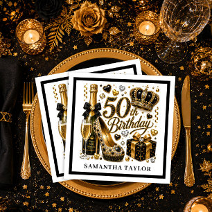 Gold Glitter Luxe Schwarz Fünfzigster Geburtstagsf Serviette