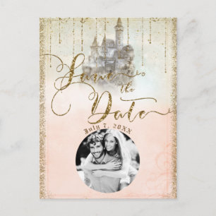 Gold Glitter Märchenburg Save the Date Foto Ankündigungspostkarte