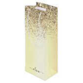 Gold Glitter Metal Monogram Glam Name Geschenktüte Für Weinflaschen (Rückseite Schrägansicht)