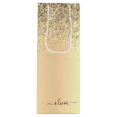 Gold Glitter Metal Monogram Glam Name Geschenktüte Für Weinflaschen (Vorderseite)