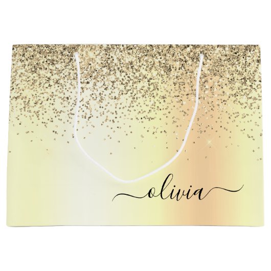 Gold Glitter Metal Monogram Glam Name Große Geschenktüte (Vorderseite)
