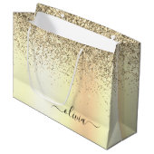 Gold Glitter Metal Monogram Glam Name Große Geschenktüte (Vorderseite Schrägansicht)