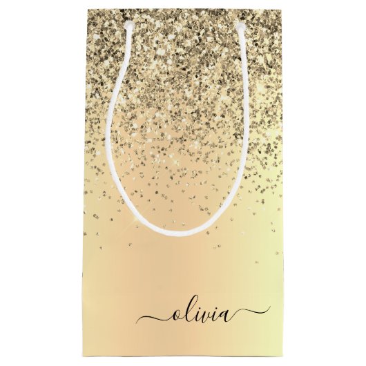 Gold Glitter Metal Monogram Glam Name Kleine Geschenktüte (Vorderseite)