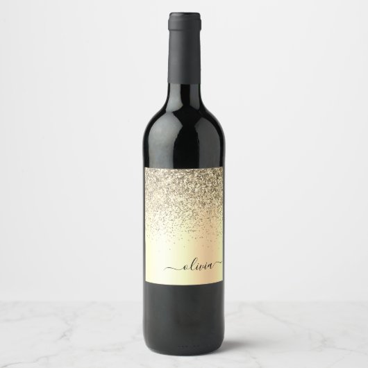 Gold Glitter Metal Monogram Glam Name Weinetikett (Vorderseite)