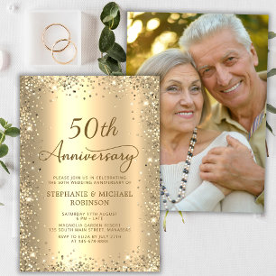 Gold Glitter Metall Foto 50. Hochzeitsjubiläum Einladung