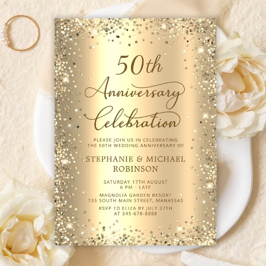 Gold Glitter Metallic 50th Wedding Anniversary Einladung