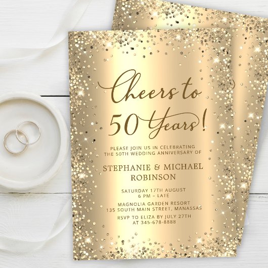 Gold Glitter Metallic 50th Wedding Anniversary Einladung