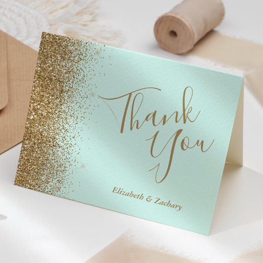 Gold Glitter Mint Green Wedding Thank You Karte