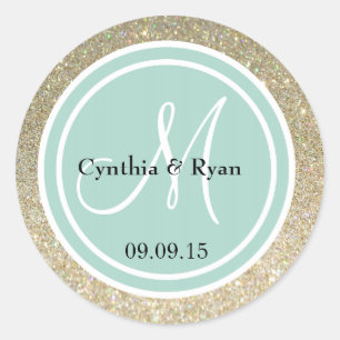 Gold Glitter & Mintgrün Hochzeitsmonogramm Runder Aufkleber