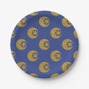 Gold Glitter Mond und Sterne Muster auf Blau Pappteller