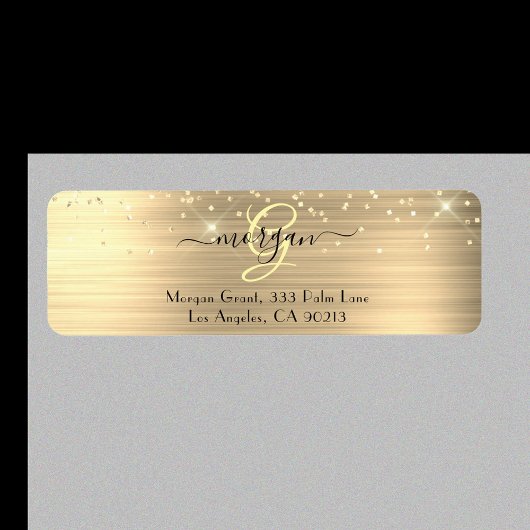 Gold Glitter & Monogram, Black Script Name Address