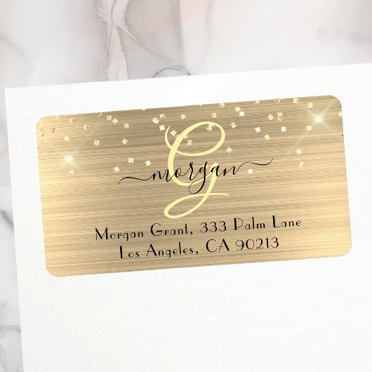Gold Glitter & Monogram, Black Script Name Address Adressaufkleber