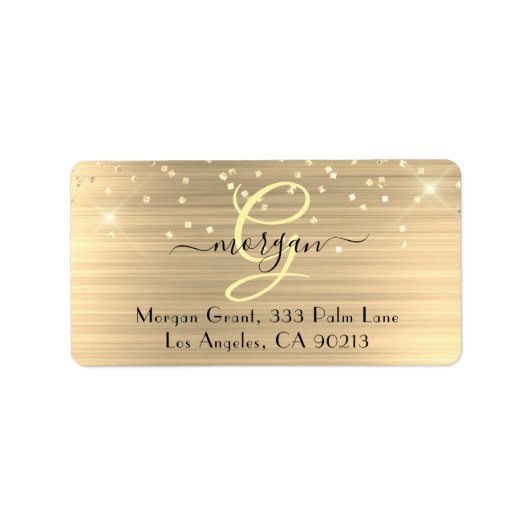 Gold Glitter & Monogram, Black Script Name Address Adressaufkleber (Vorne)