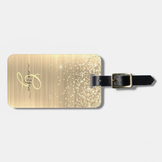 Gold Glitter & Monogram, Black Script Name Gepäckanhänger (Vorderseite horizontal)
