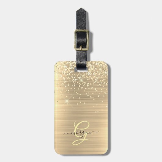 Gold Glitter & Monogram, Black Script Name Gepäckanhänger (Vorderseite vertikal)