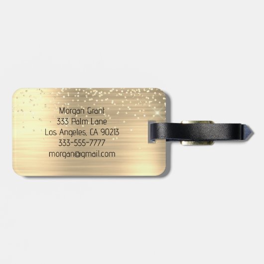 Gold Glitter & Monogram, Black Script Name Gepäckanhänger (Rückseite horizontal)