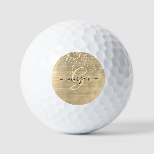 Gold Glitter & Monogram, Black Script Name Golfball (Vorderseite)