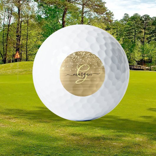 Gold Glitter & Monogram, Black Script Name Golfball