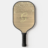 Gold Glitter & Monogram, Black Script Name Pickleball Schläger (Vorderseite)