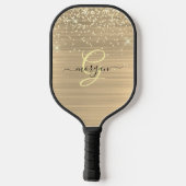 Gold Glitter & Monogram, Black Script Name Pickleball Schläger (Rückseite)