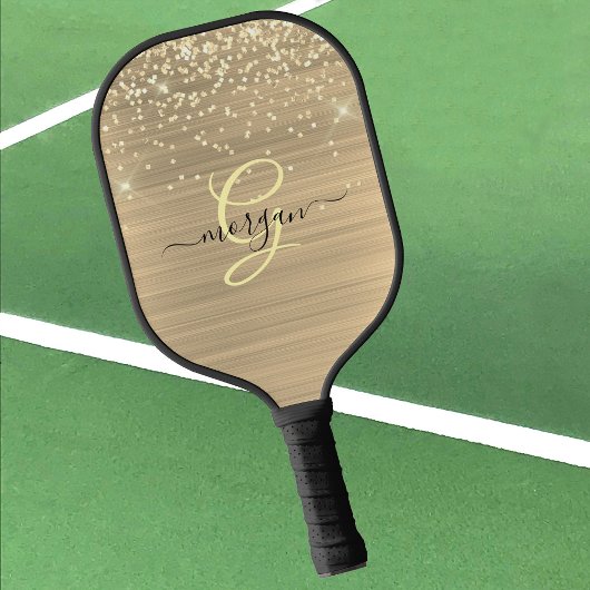 Gold Glitter & Monogram, Black Script Name Pickleball Schläger