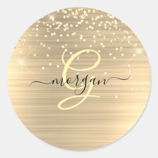 Gold Glitter & Monogram, Black Script Name Runder Aufkleber (Vorderseite)