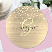 Gold Glitter & Monogram, Black Script Name Runder Aufkleber
