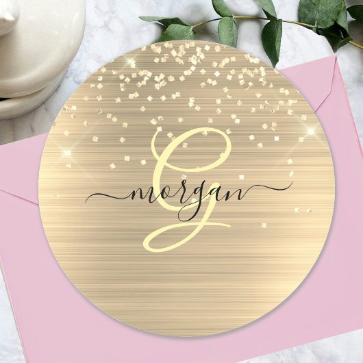 Gold Glitter & Monogram, Black Script Name Runder Aufkleber