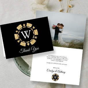 Gold Glitter Monogram Poker Chip Casino Hochzeit Dankeskarte