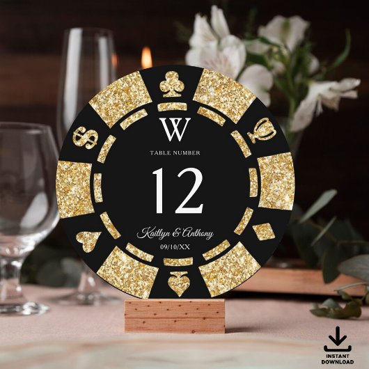 Gold Glitter Monogram Poker Chip Casino Wedding Einladung
