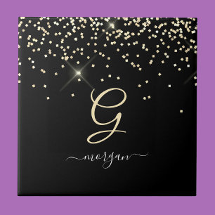 Gold Glitter & Monogram Weißer Schriftname auf Sch Fliese