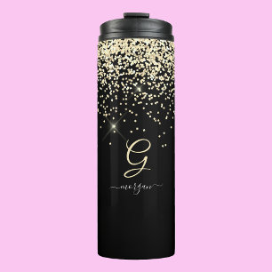 Gold Glitter & Monogram Weißer Schriftname auf Sch Thermosbecher